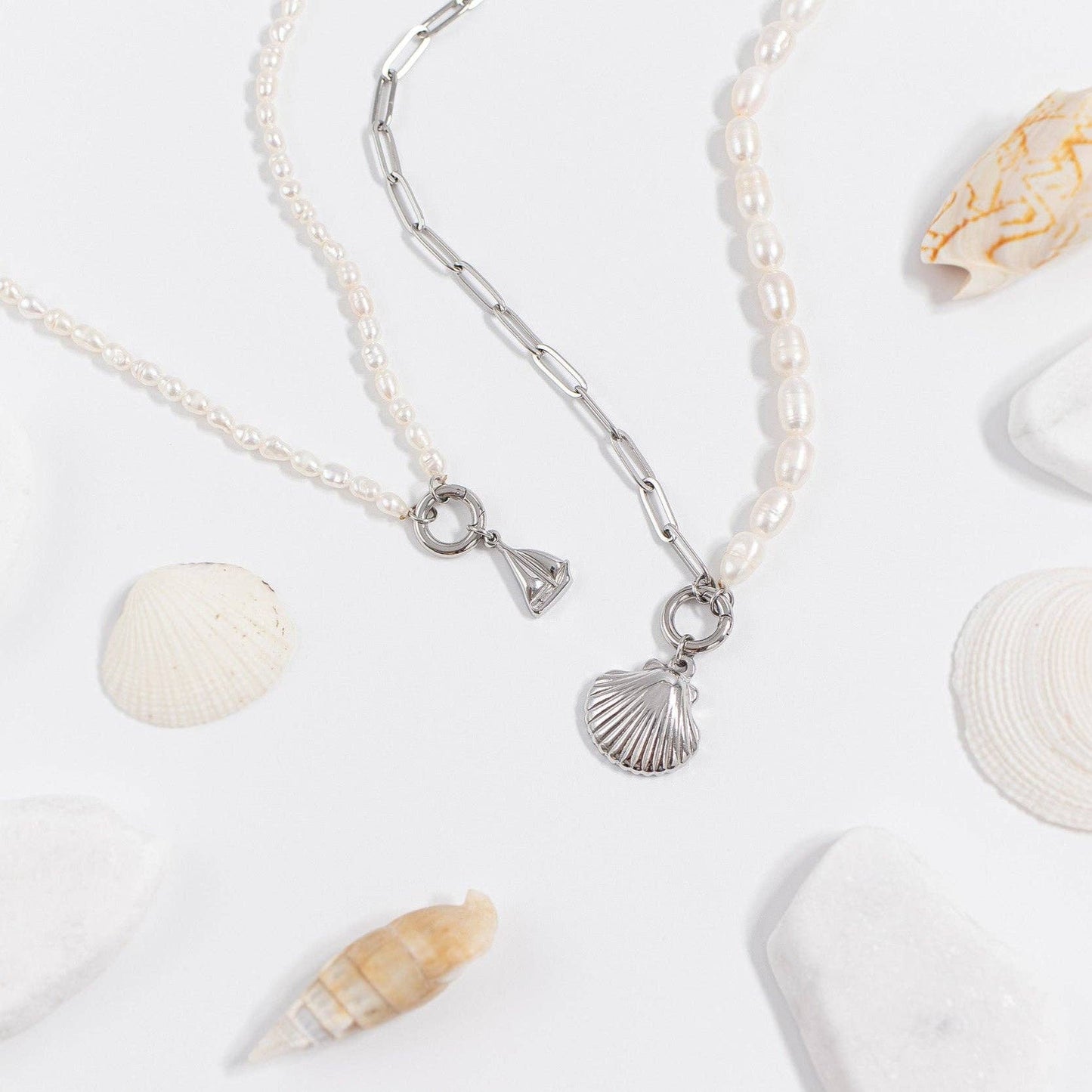 Pearl Paperclip Split Chain Charm Keeper Necklace