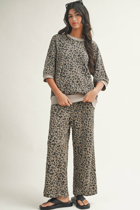 Leopard Patchwork Long Sleeve Pullover &amp; Wide-Leg Pant Set