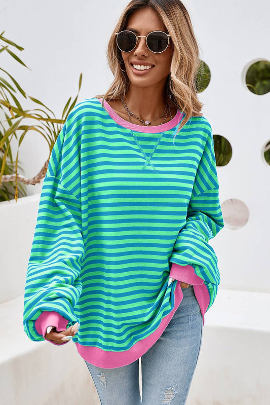 Stripe Contrast Trim Oversized Pullover Sweatshirt