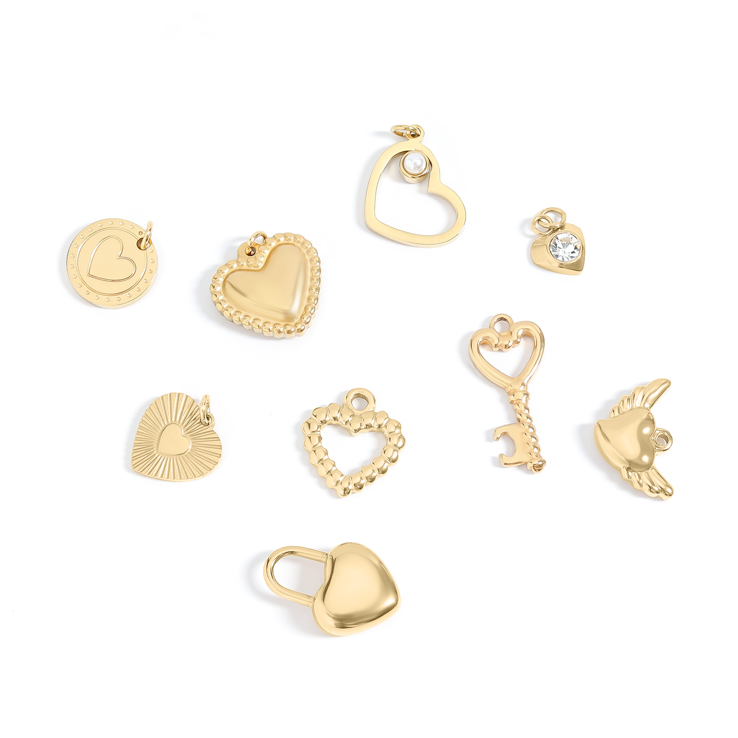 (9pc) 18K Gold PVD Stainless Steel Heart Charm Set