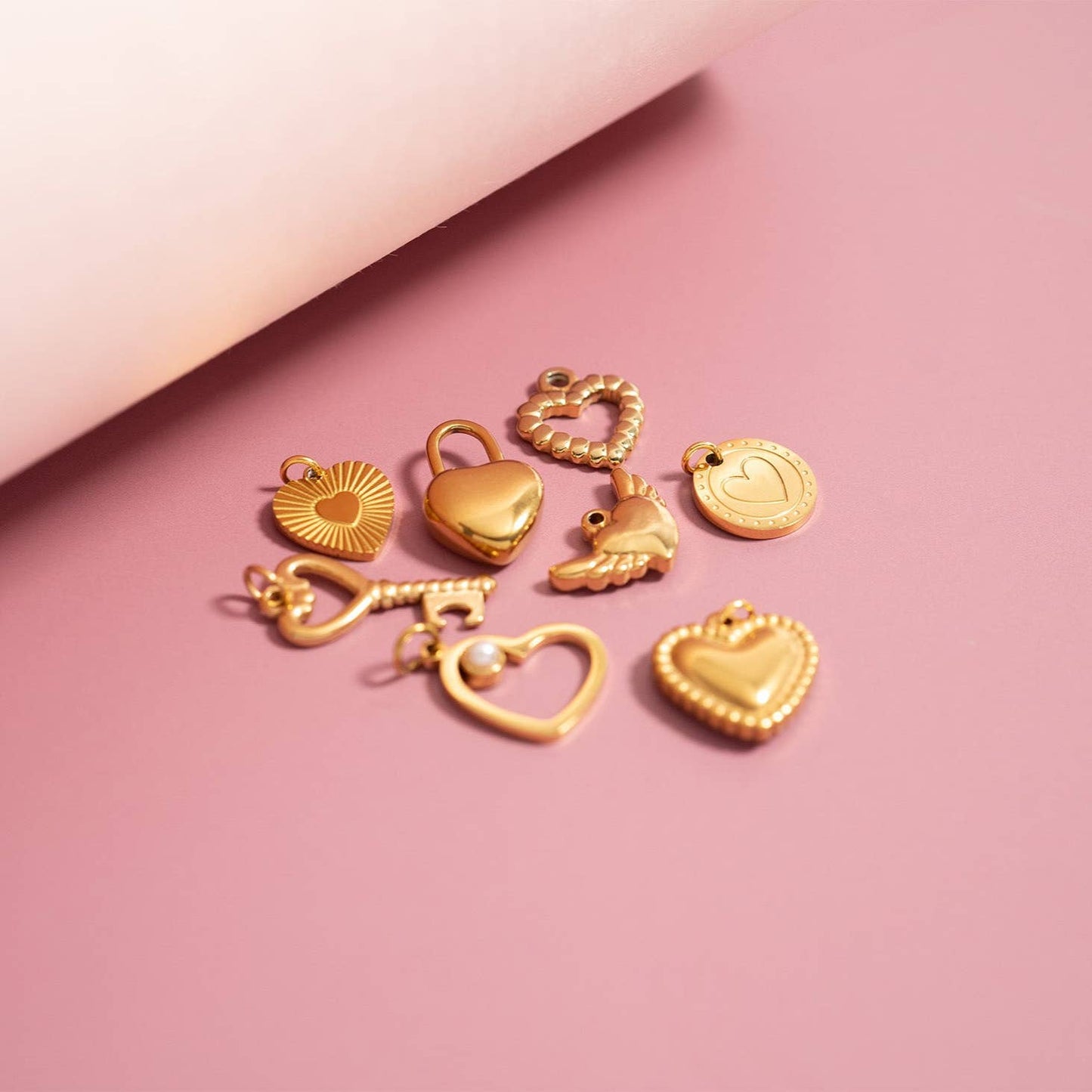 (9pc) 18K Gold PVD Stainless Steel Heart Charm Set