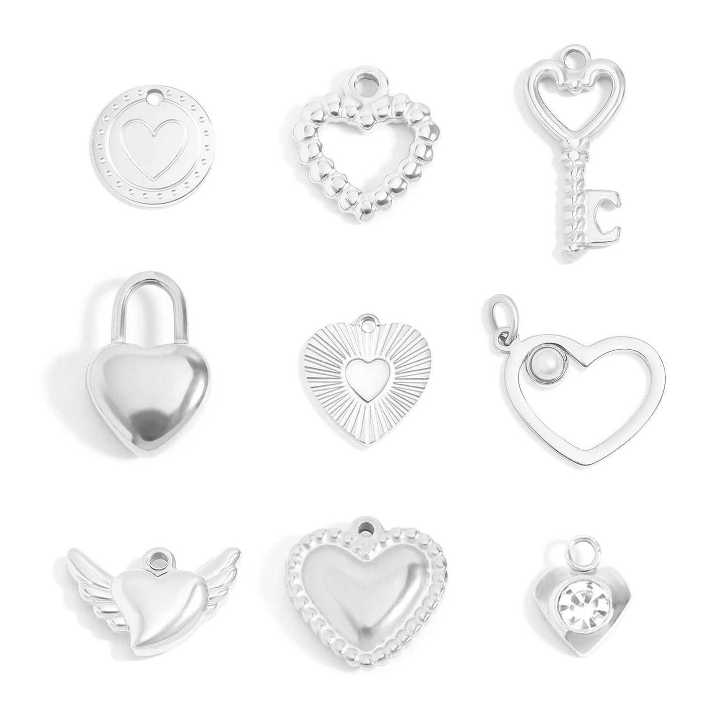 (9pc) 18K Gold PVD Stainless Steel Heart Charm Set