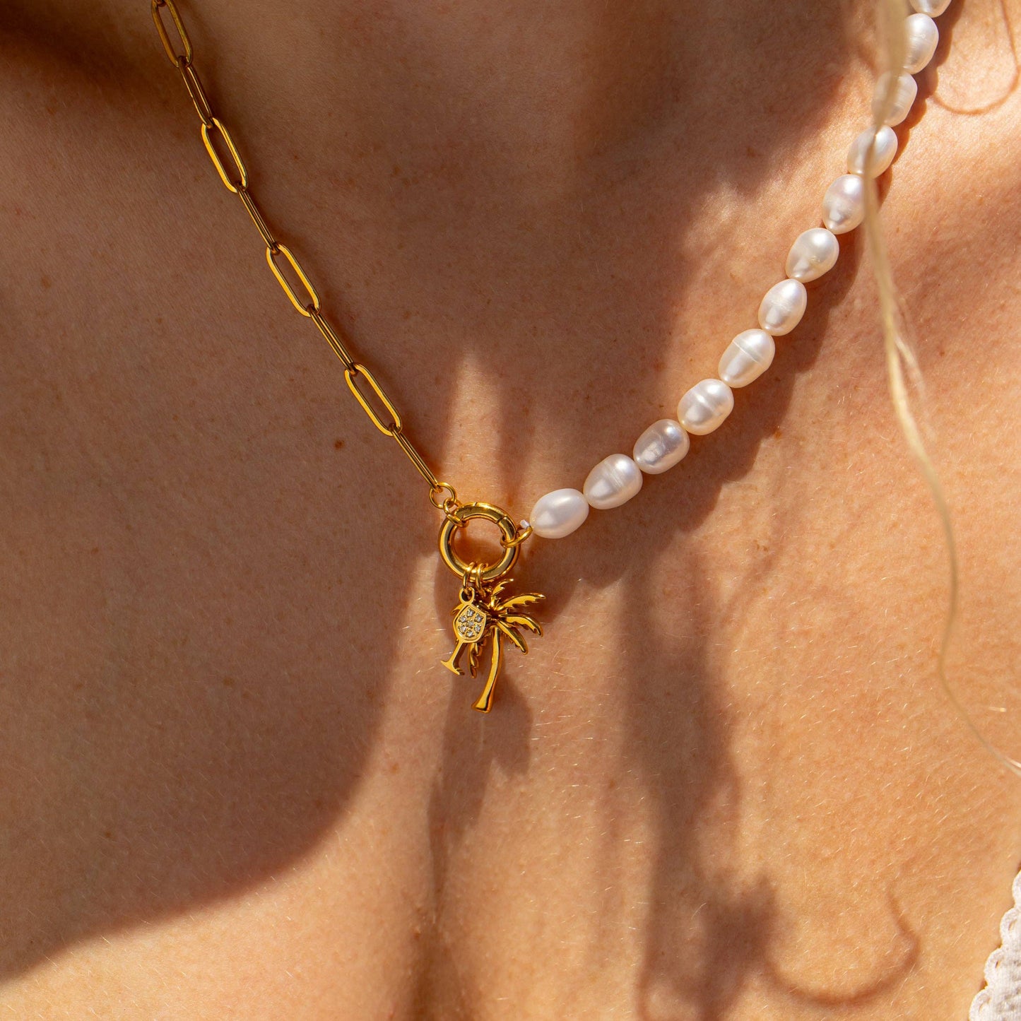 Pearl Paperclip Split Chain Charm Keeper Necklace