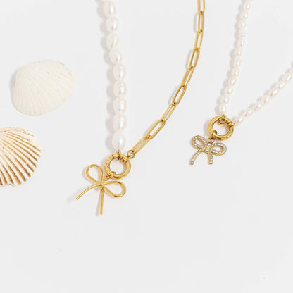 Pearl Paperclip Split Chain Charm Keeper Necklace