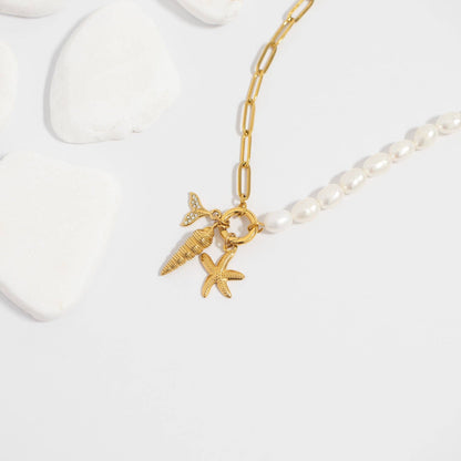 Pearl Paperclip Split Chain Charm Keeper Necklace