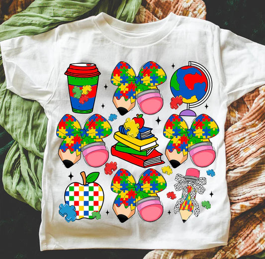 "Autism Teacher" Awareness School Supplies Tee