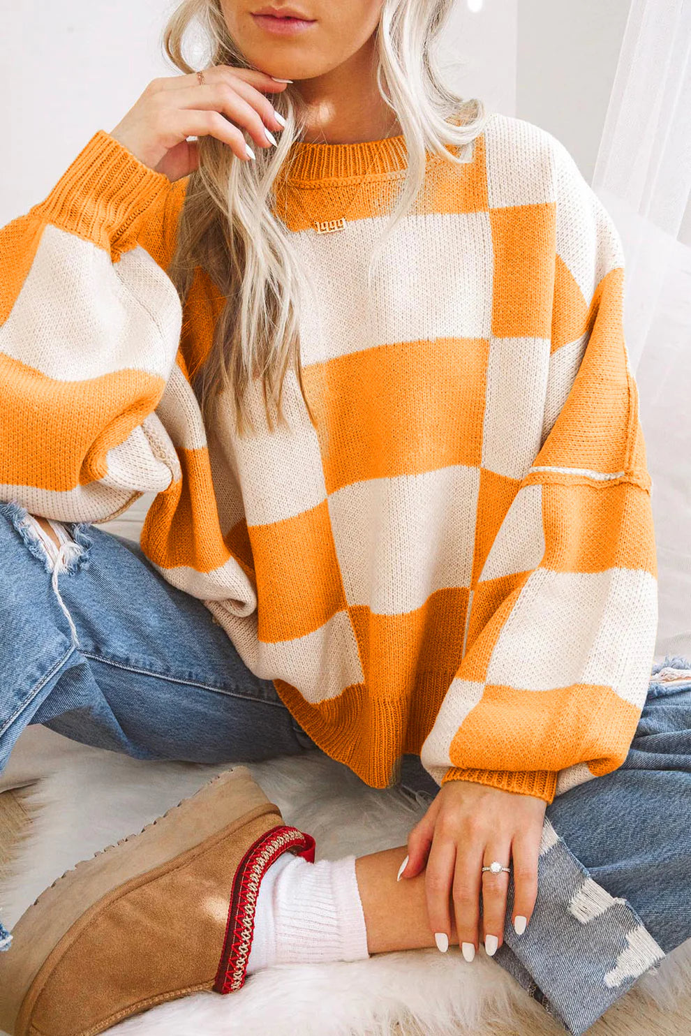 Orange and White Checkered Sweater
