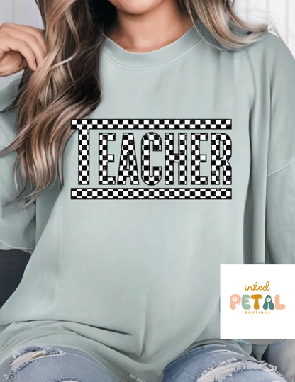 "Teacher" Black& White Checkered Graphic Tee