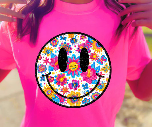 Floral Smiley Face Graphic T-shirt