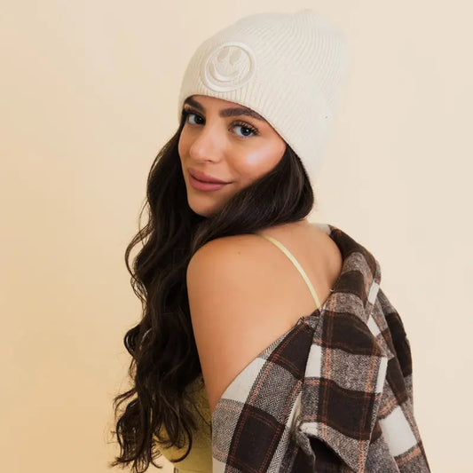 White Happy Face Beanie