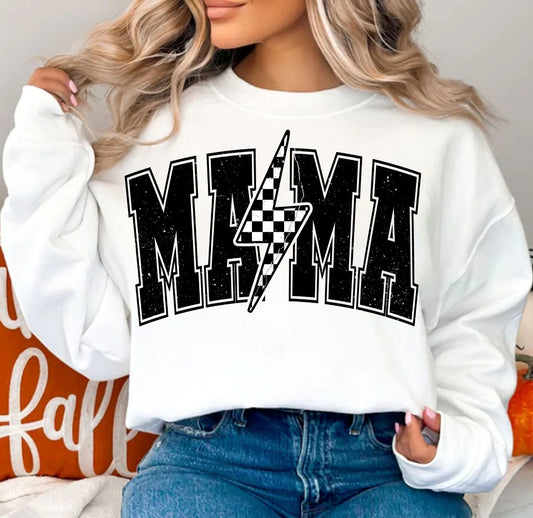 "Mama" Distressed Checkered Lightning Bolt