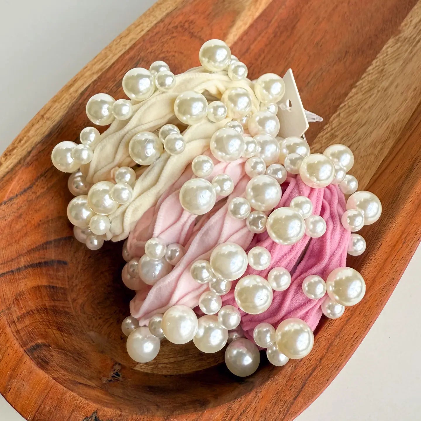 Pink Textured Seamless Pearl Hair Ties set of 6