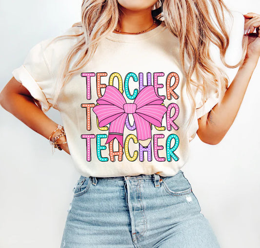 "Teacher" Pink Bow Tee