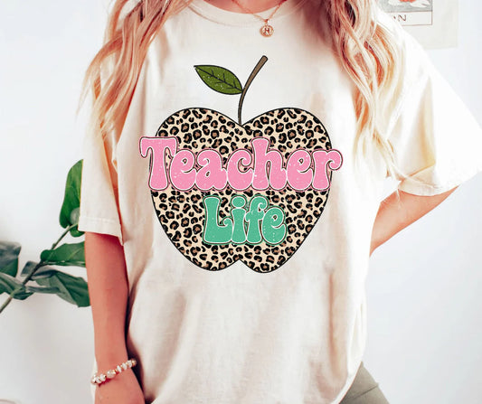 Teacher Life Cheetah Apple Graphic Tshirt