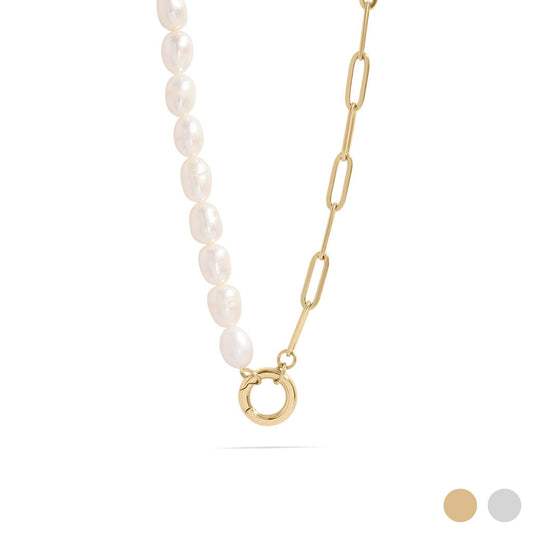 Pearl Paperclip Split Chain Charm Keeper Necklace