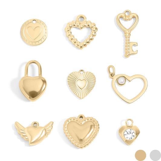 (9pc) 18K Gold PVD Stainless Steel Heart Charm Set
