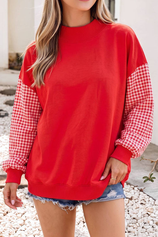 NEW Plaid Sleeve Colorblock Mock Neck Sweatshirt