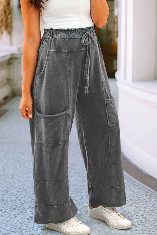 Mineral Wash Lace-up High Waist Raw Hem Patched Pants